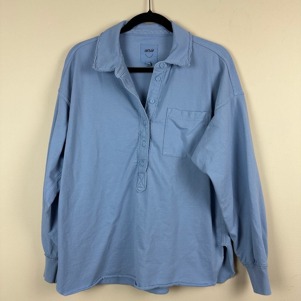 Aerie Oversized Quarter Button Pullover Shirt Raw Hem Distressed Cozy Blue XS